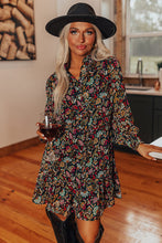 Load image into Gallery viewer, Black Retro Floral Tie Waist Short Ruffle Shirt Dress
