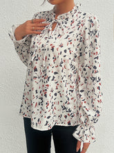 Load image into Gallery viewer, Ruffled Printed Tie Neck Long Sleeve Blouse
