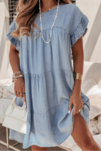 Load image into Gallery viewer, Beau Blue Ruffle Short Sleeve Tiered A-line Denim Dress
