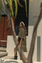 Load image into Gallery viewer, Annie Wear Tassel Contrast Trim Tie Neck Half Sleeve Tiered Dress
