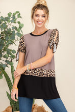 Load image into Gallery viewer, Celeste Full Size Open Tie Sleeve Leopard Color Blocked Top
