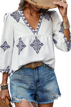 Load image into Gallery viewer, White Boho Geometric Print Bracelet Sleeve V Neck Blouse
