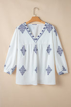 Load image into Gallery viewer, White Boho Geometric Print V Neck Bracelet Sleeve Plus Size Blouse
