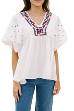 Load image into Gallery viewer, White Embroidered Puff Sleeve V Neck Blouse
