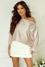 Load image into Gallery viewer, Apricot Asymmetrical Neck Balloon Sleeve Satin Blouse
