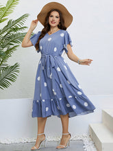 Load image into Gallery viewer, Polka Dot Belted Flutter Sleeve Ruffle Hem Dress
