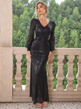 Load image into Gallery viewer, Sequin V-Neck Lantern Sleeve Maxi Dress
