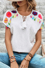 Load image into Gallery viewer, Tassel Tie Neck Short Sleeve Blouse
