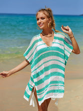 Load image into Gallery viewer, Tassel Openwork Striped V-Neck Cover Up
