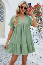 Load image into Gallery viewer, Ruched Tiered V-Neck Short Sleeve Mini Dress
