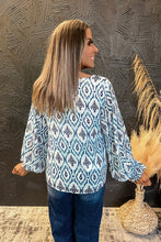 Load image into Gallery viewer, Sky Blue Geometric Print Shirred Puff Sleeve V Neck Blouse
