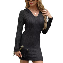 Load image into Gallery viewer, V-neck Twist Mid-length Long Sleeve Knitted Hooded Sheath Dress

