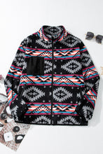 Load image into Gallery viewer, Black Aztec Printed Zip Up Collar Jacket
