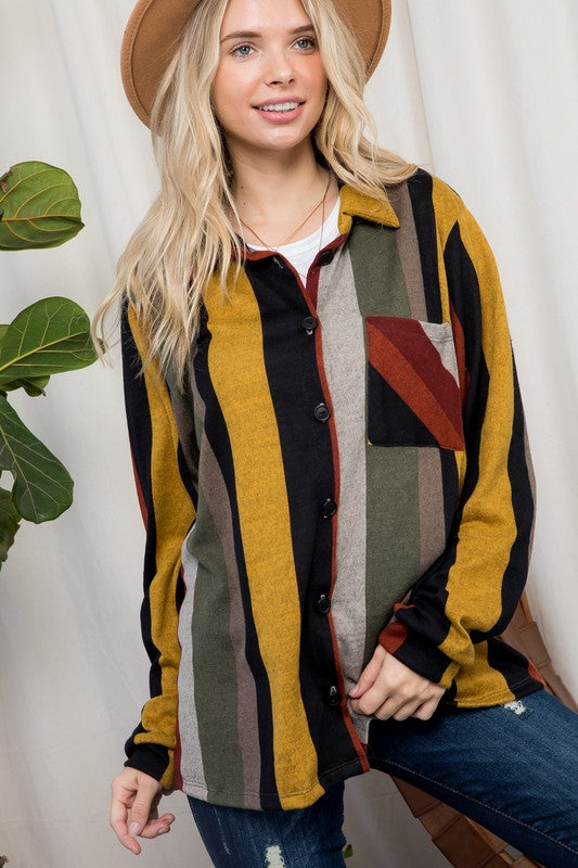 Plus Cozy Stripe Button Sown Shacket