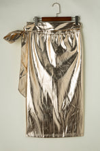 Load image into Gallery viewer, Gold Metallic Leather Knotted Wrap Midi Skirt
