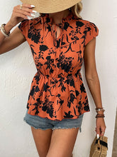 Load image into Gallery viewer, Shiny Printed Tie Neck Cap Sleeve Blouse
