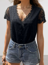 Load image into Gallery viewer, Swiss Dot Lace Detail V-Neck Cap Sleeve Blouse
