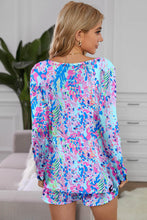 Load image into Gallery viewer, Sky Blue Plus Size Floral Print Long Sleeve and Shorts Lounge Outfit
