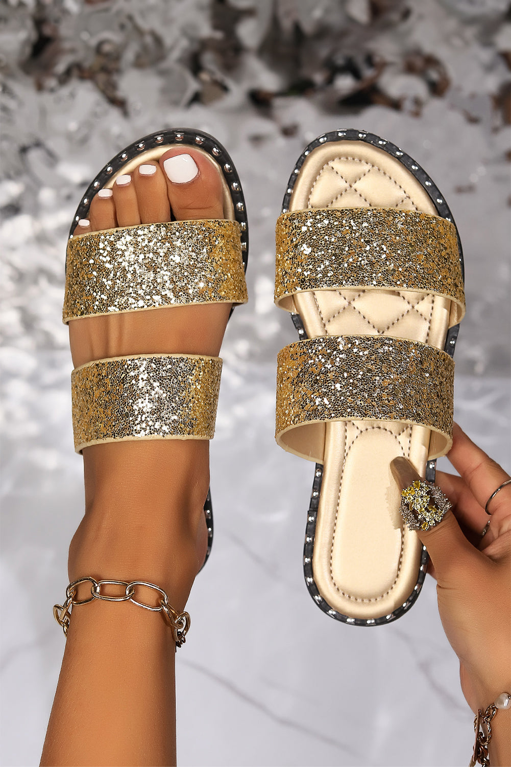 Gold Glittering Hollow Out Dual Straps Flat Slide-Ons