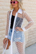 Load image into Gallery viewer, White Polka Dot Print Collared Buttoned Mesh Duster Kimono
