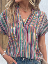 Load image into Gallery viewer, Shiny Striped Notched Short Sleeve Blouse
