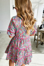 Load image into Gallery viewer, Light Blue Abstract Printed Ricrac Tiered Puff Sleeve Dress
