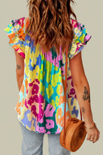 Load image into Gallery viewer, Ruffled Printed Tie Neck Cap Sleeve Blouse
