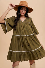 Load image into Gallery viewer, Annie Wear Tassel Contrast Trim Tie Neck Half Sleeve Tiered Dress
