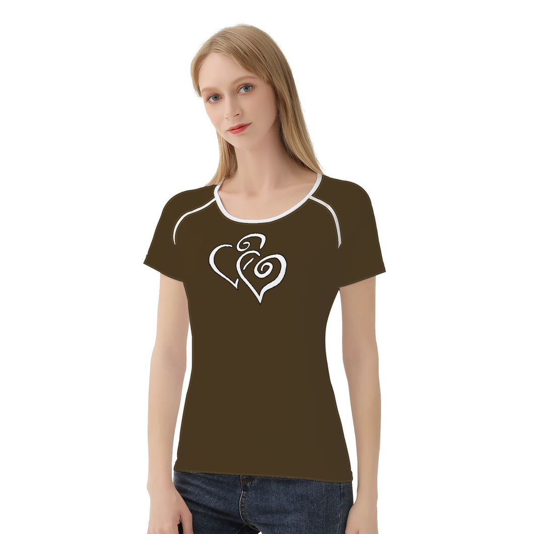 TI Amo I love you - Exclusive Brand - Cafe Noir - Double White Heart - Women's T shirt - Sizes XS-2XL