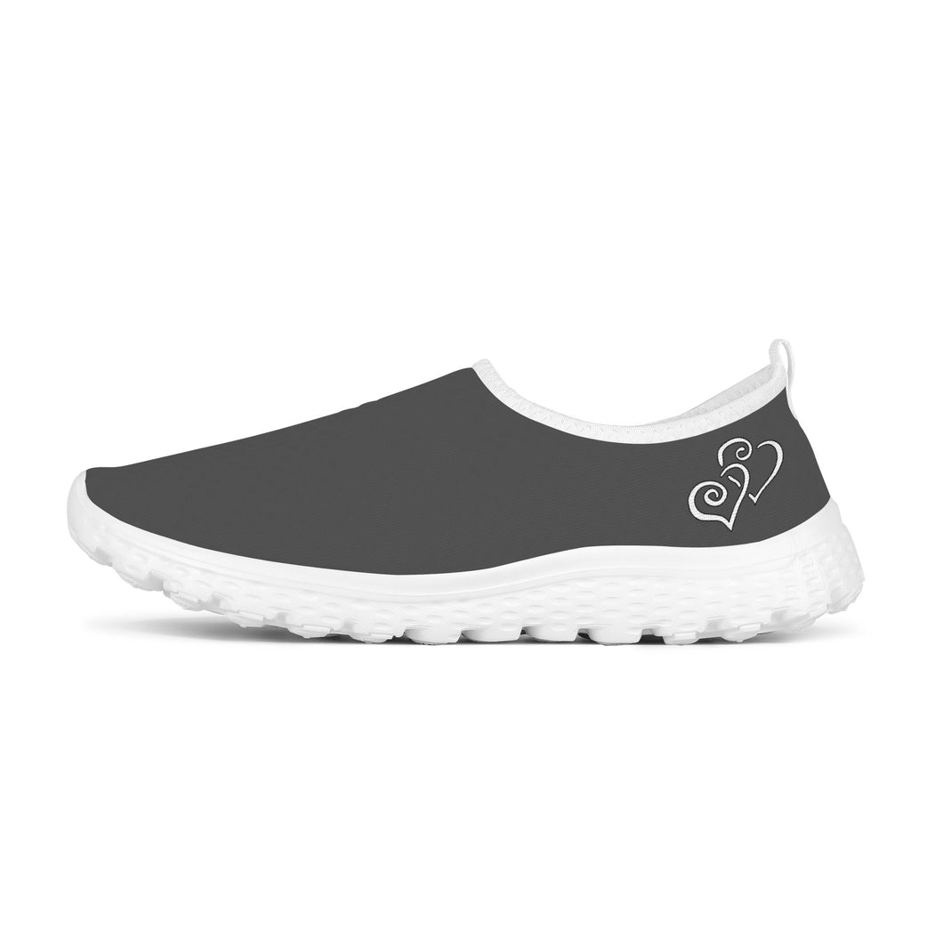 Ti Amo I love you - Exclusive Brand - Davy's Grey - Double White Heart - Women's Mesh Running Shoes - White Soles