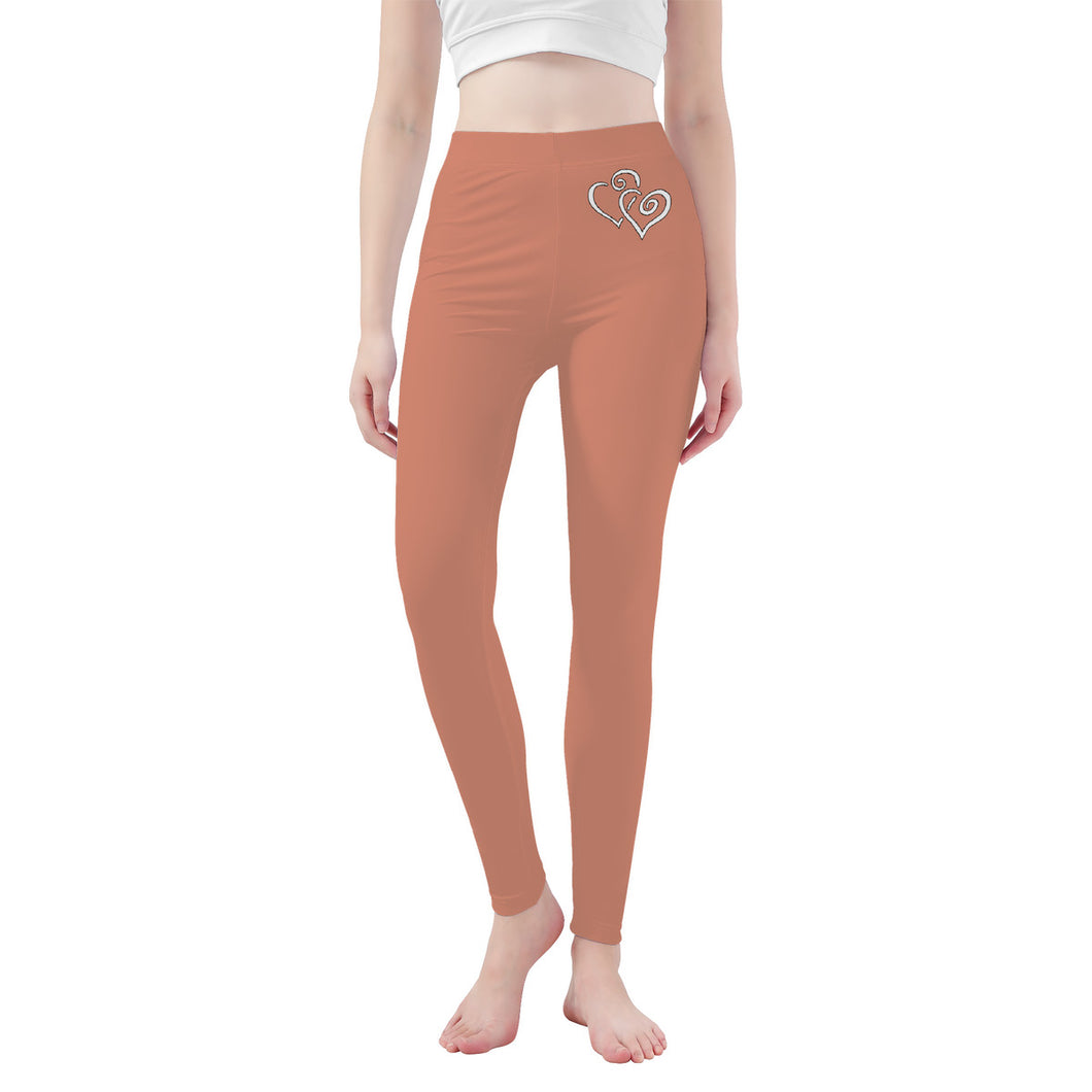 Ti Amo I love you - Exclusive Brand - Pale Copper - Double White Heart -Womens / Teen Girls / Womens Plus Size - Yoga Leggings - Sizes XS-3XL