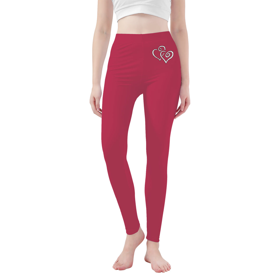 Ti Amo I love you - Exclusive Brand - Viva Magenta - Double White Heart - Womens / Teen Girls  / Womens Plus Size  - Yoga Leggings - Sizes XS-3XL