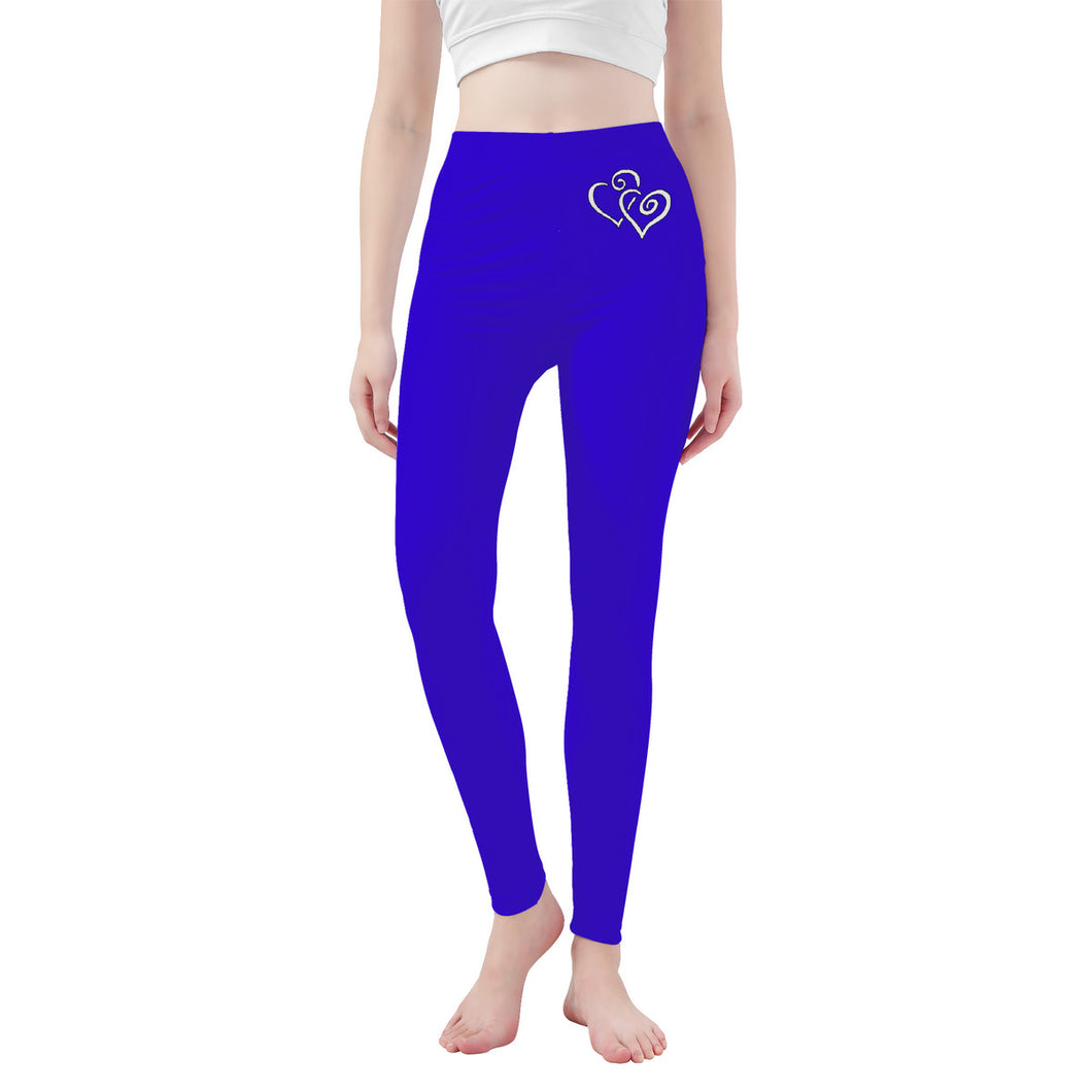 Ti Amo I love you - Exclusive Brand - Violet Blue - Double White Heart -Womens / Teen Girls / Womens Plus Size - Yoga Leggings - Sizes XS-3XL