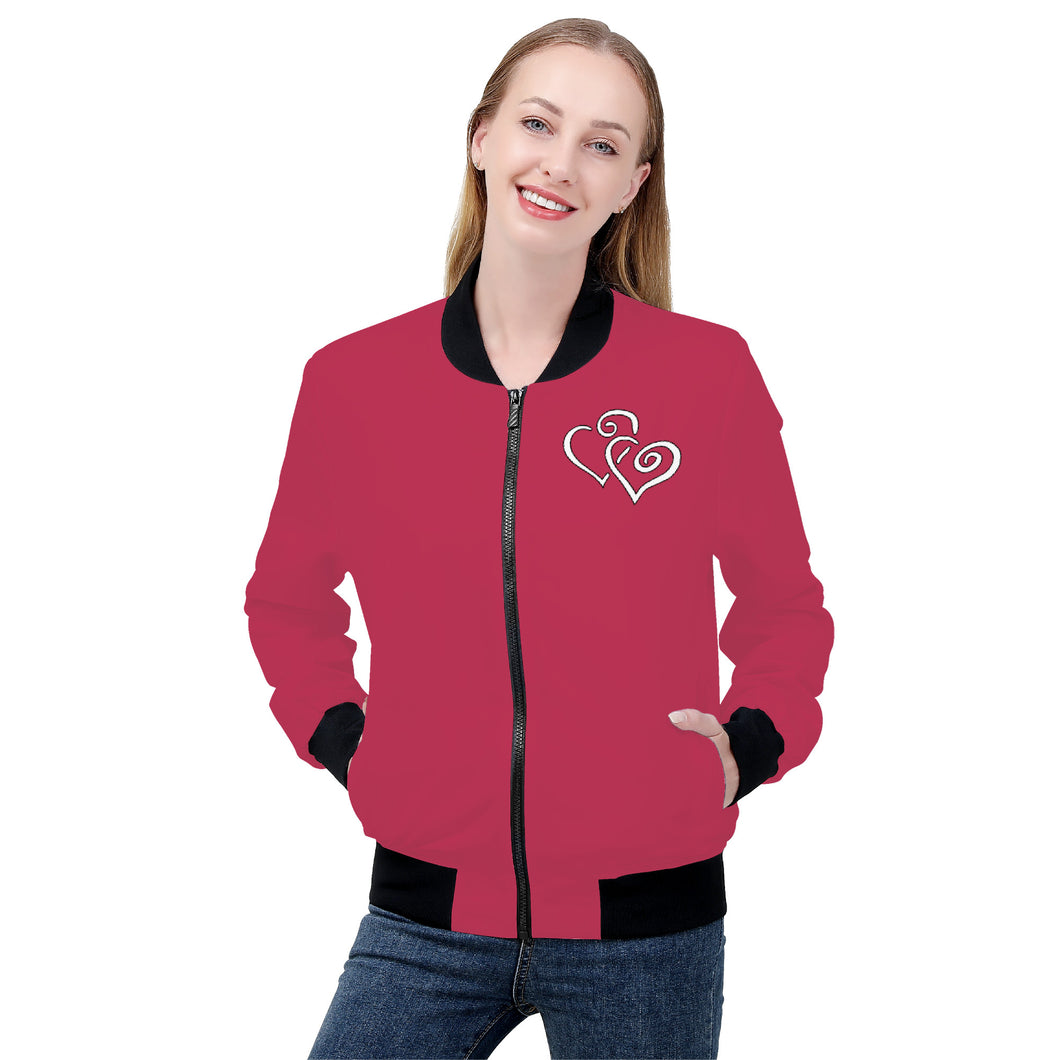 Ti Amo I love you - Exclusive Brand - Viva Magenta -  Double White Heart - Women's Bomber Jacket