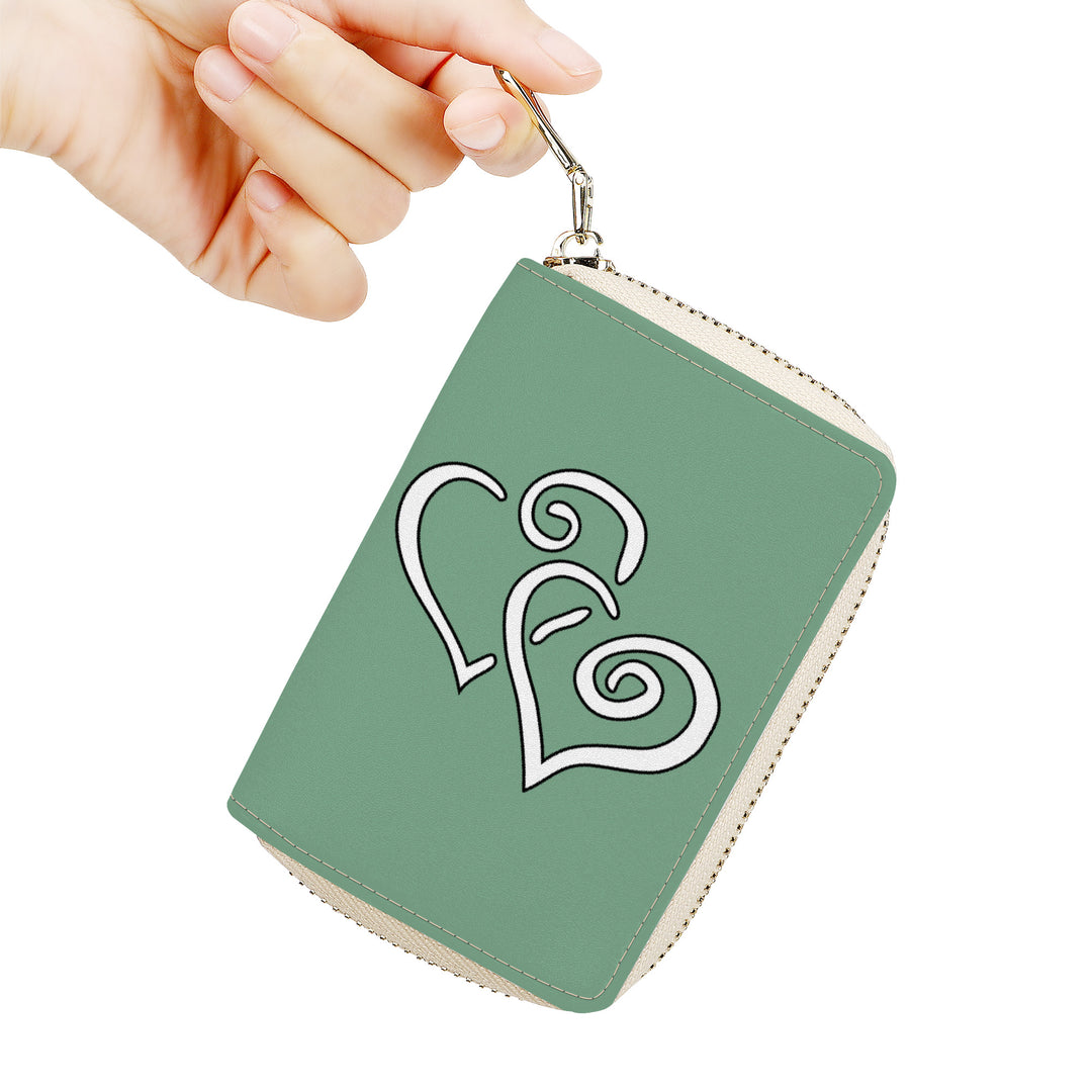 Ti Amo I love you - Exclusive Brand - Bayleaf Green - Double White Heart - PU Leather - Zipper Card Holder