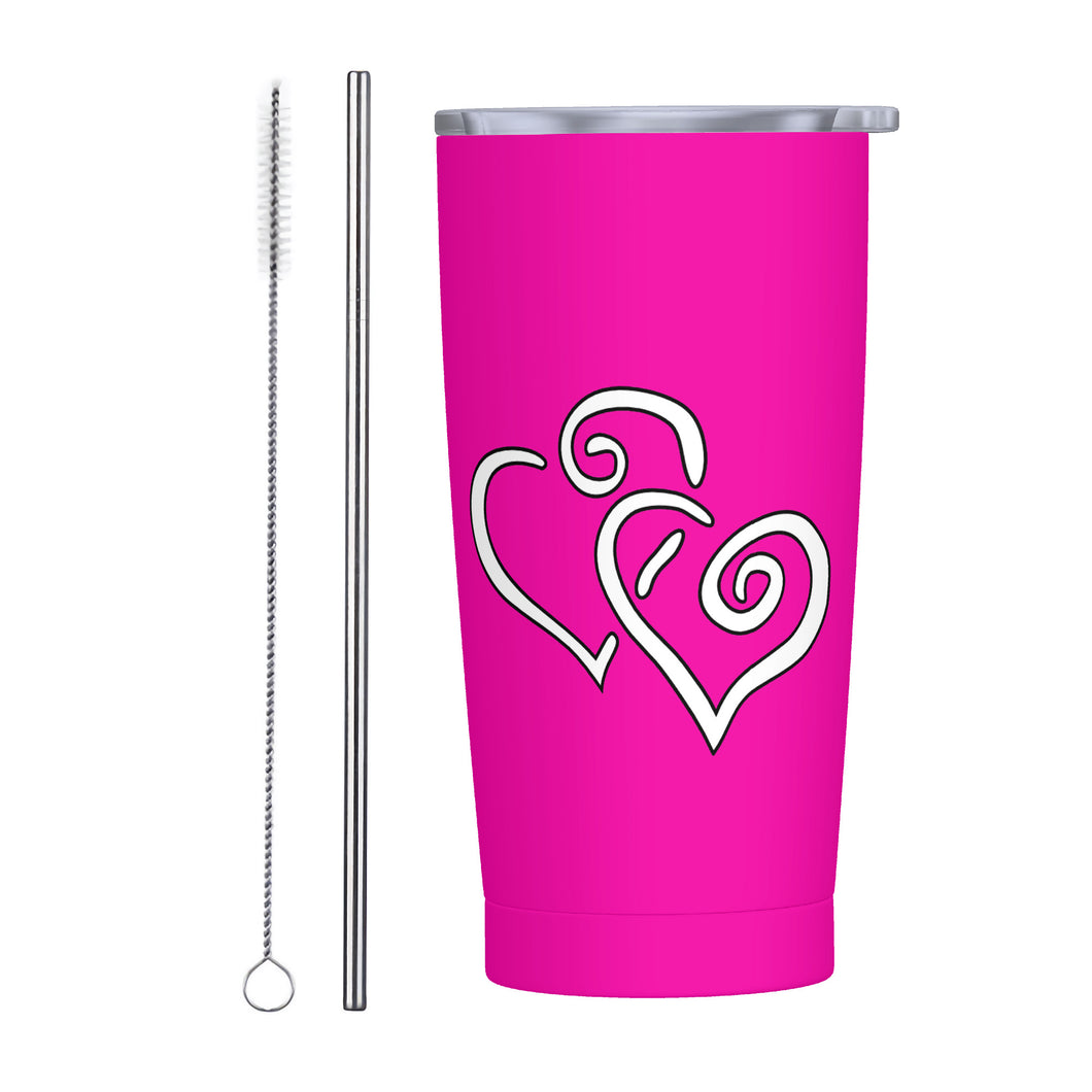 Ti Amo I love you - Exclusive Brand - Hollywood Cerise - Double White Heart - 20oz Stainless Steel Straw Lid Cup