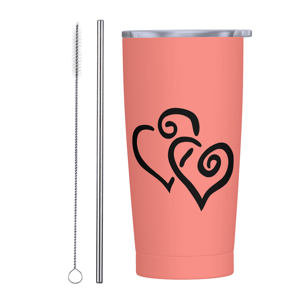 Ti Amo I love you - Exclusive Brand - Coral Pink - Double Black Heart - 20oz Stainless Steel Straw Lid Cup