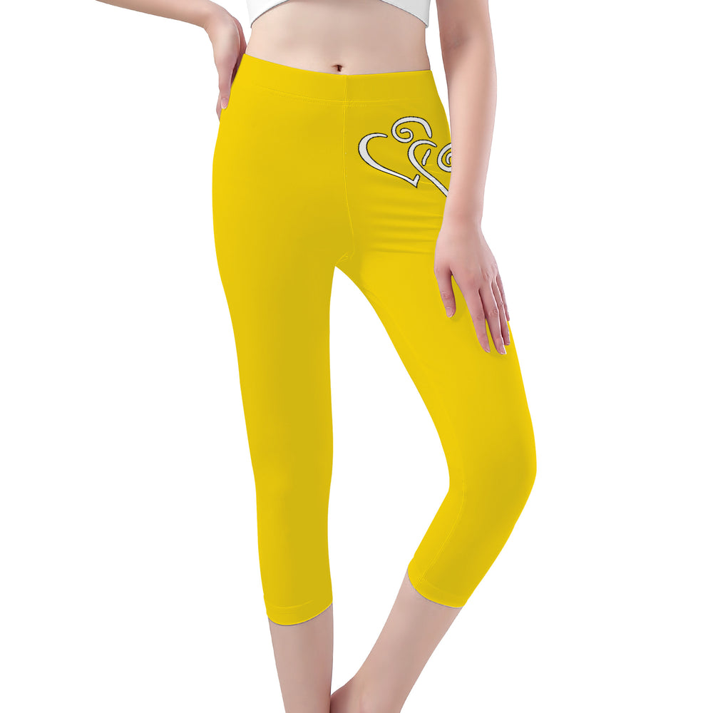 Ti Amo I love you - Exclusive Brand - Ripe Lemon - Double White Heart - Womens / Teen Girls / Womens Plus Size - Capri Yoga Leggings - Sizes XS-3XL