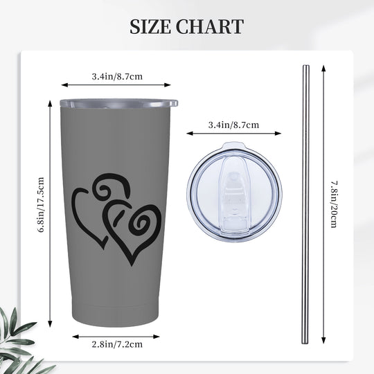 Ti Amo I love you - Exclusive Brand - Dove Gray - Double Black Heart - 20oz Stainless Steel Straw Lid Cup