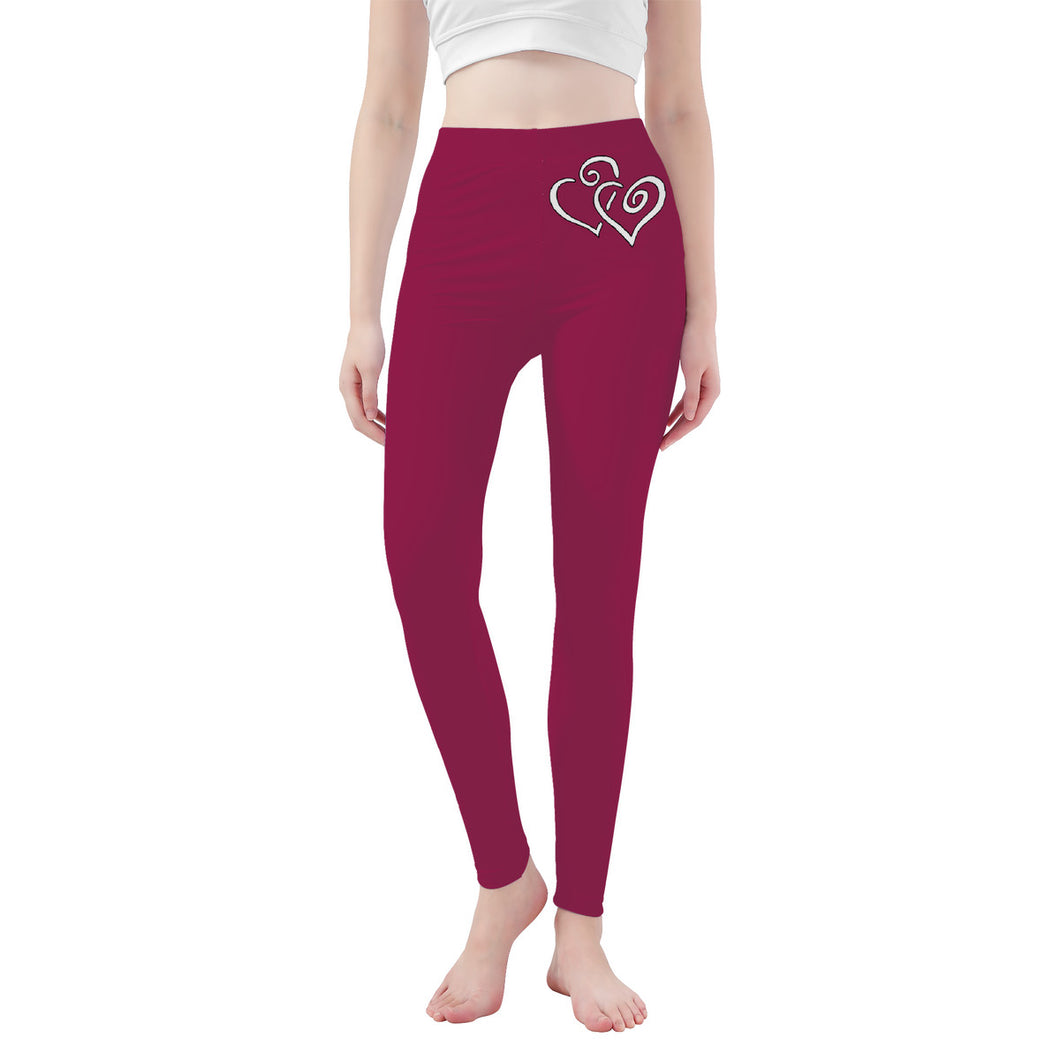 Ti Amo I love you - Exclusive Brand - Berry - Double White Heart -Womens / Teen Girls / Womens Plus Size - Yoga Leggings - Sizes XS-3XL