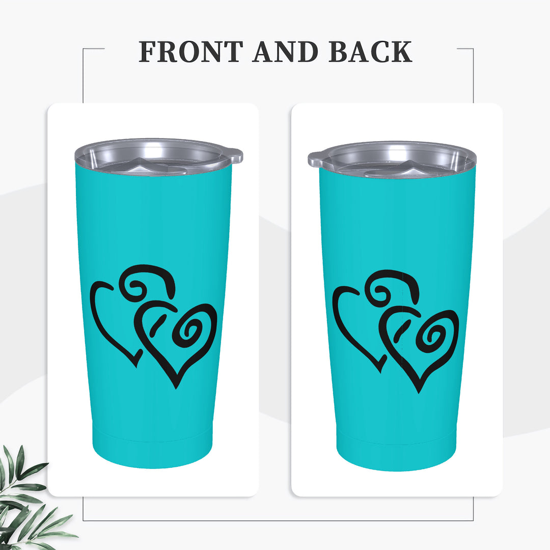 Ti Amo I love you - Exclusive Brand - Vivid Cyan (Robin's Egg Blue)- Double Black Heart - 20oz Stainless Steel Straw Lid Cup