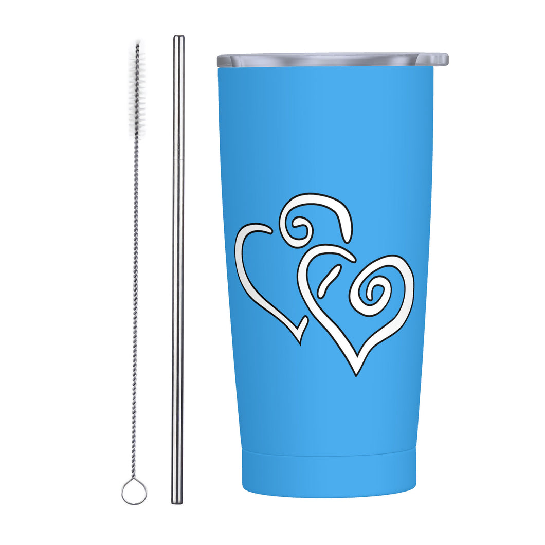 Ti Amo I love you - Exclusive Brand - Picton Blue 2 - Double White Heart - 20oz Stainless Steel Straw Lid Cup