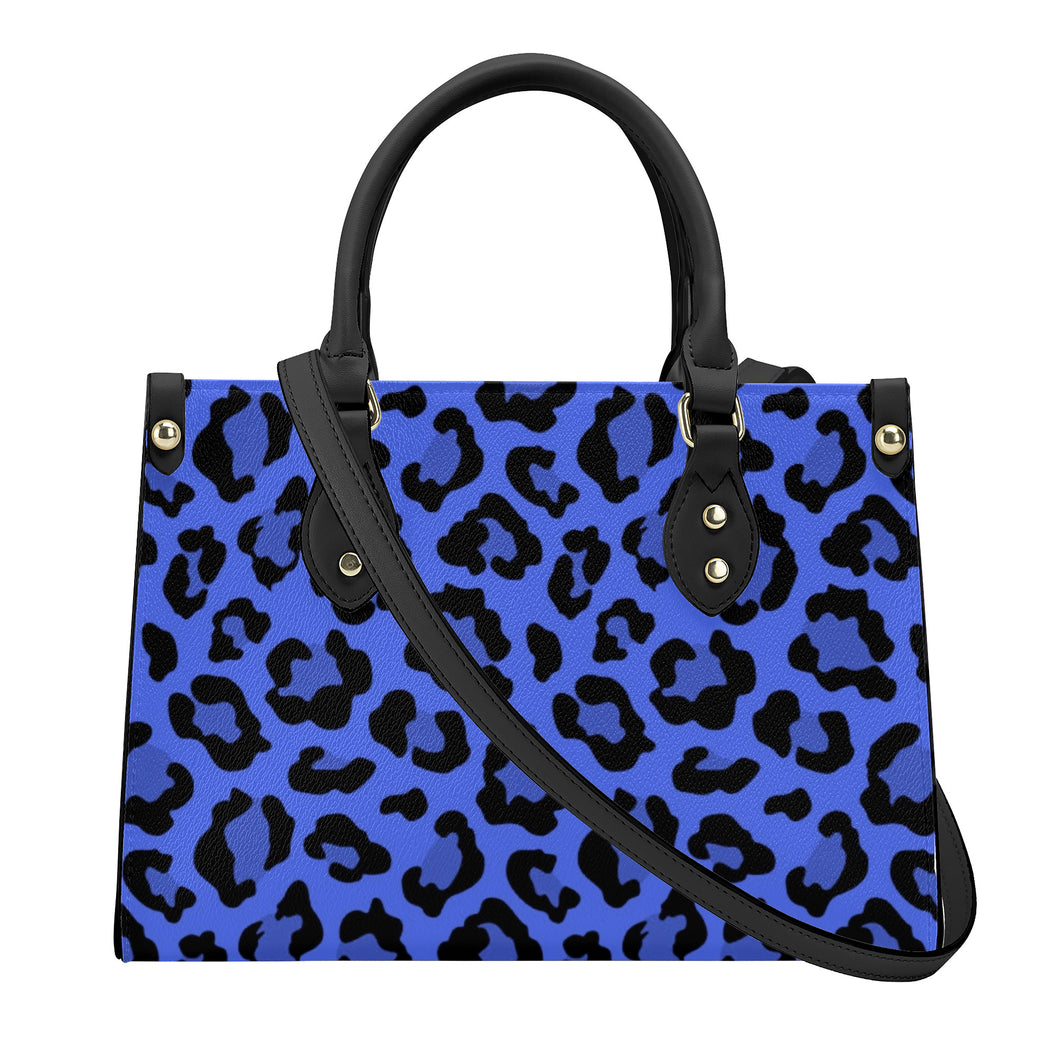 Ti Amo I love you - Exclusive Brand - Blueberry 2 with Obscure Royal Blue Leopard Spots - Luxury Womens PU Tote Bag - Black Straps