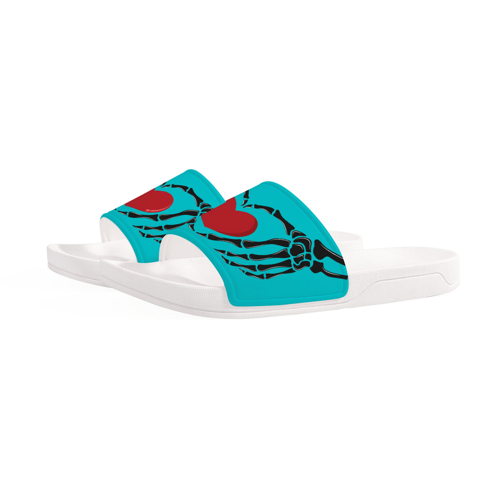 Ti Amo I love you - Exclusive Brand - Vivid Cyan (Robin's Egg Blue) - Skeleton Hands with Heart -  Slide Sandals - White Soles