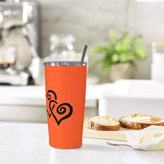 Ti Amo I love you - Exclusive Brand - Orange - Double Black Heart - 20oz Stainless Steel Straw Lid Cup