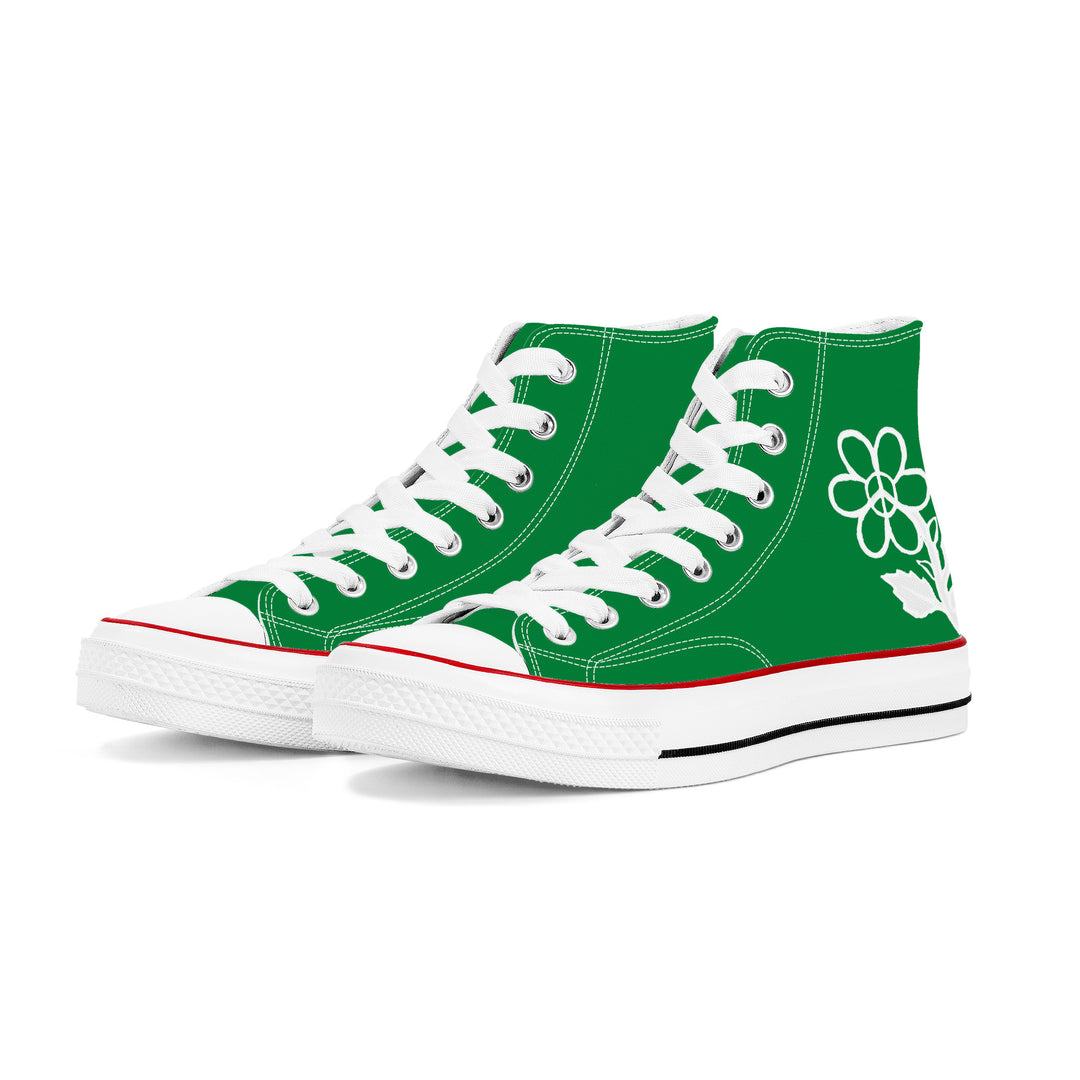 Ti Amo I love you - Exclusive Brand - Fun Green - White Daisy - High Top Canvas Shoes - White  Soles