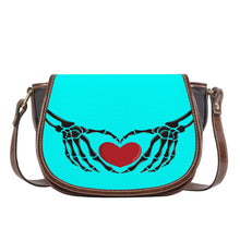 Load image into Gallery viewer, Ti Amo I love you - Exclusive Brand  - Aqua / Cyan - Skeleton Hands with Heart - Saddle Bag
