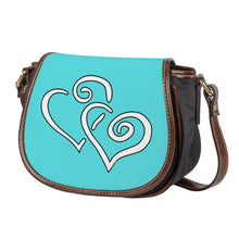 Load image into Gallery viewer, Ti Amo I love you - Exclusive Brand - Medium Turquoise Blue - Double White Heart - Saddle Bag
