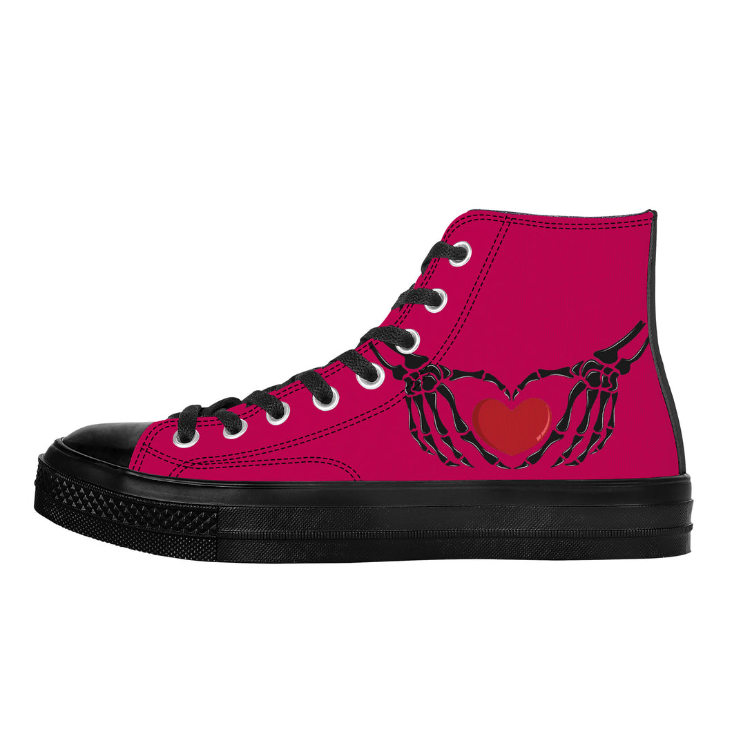 Ti Amo I love you - Exclusive Brand - Lipstick 2 - Skeleton Hands wit Heart - High Top Canvas Shoes - Black  Soles