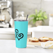 Load image into Gallery viewer, Ti Amo I love you - Exclusive Brand - Medium Turquoise Blue - Double Black Heart - 20oz Stainless Steel Straw Lid Cup
